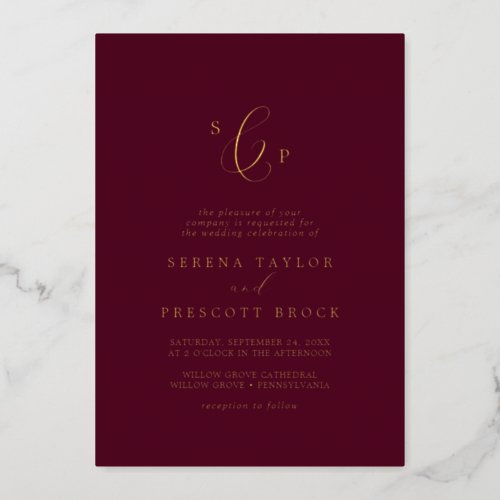 Delicate Gold Foil  Burgundy Monogram Wedding Foil Invitation