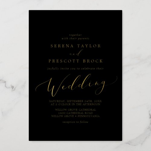 Delicate Gold Foil Calligraphy  Black Wedding Foil Invitation