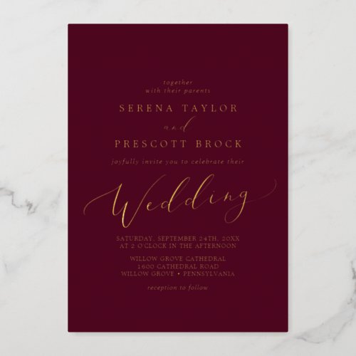 Delicate Gold Foil Calligraphy  Burgundy Wedding Foil Invitation