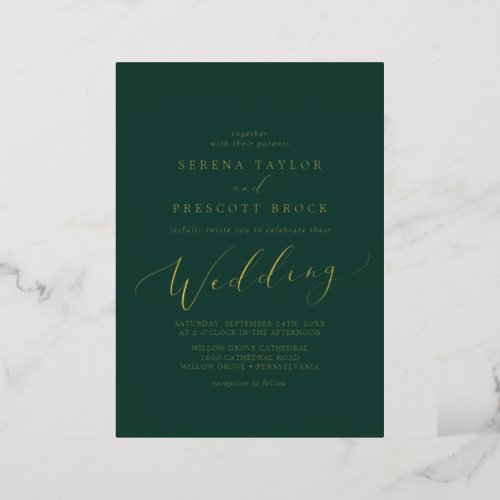 Delicate Gold Foil Calligraphy  Emerald Wedding Foil Invitation