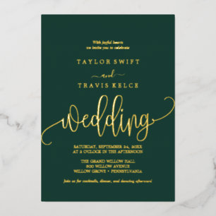 Delicate Gold Foil Calligraphy   Emerald Wedding  Invitation