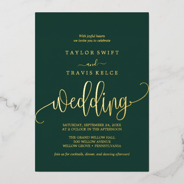 Delicate Gold Foil Calligraphy | Emerald Wedding  Invitation (Front)