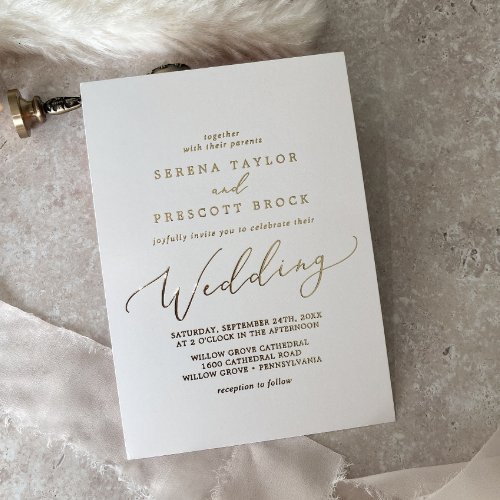 Delicate Gold Foil Calligraphy  Ivory Wedding Foil Invitation