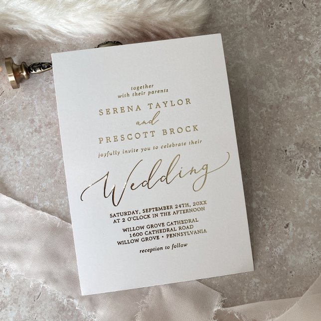Delicate Gold Foil Calligraphy | Ivory Wedding Invitation (Creator Uploaded)