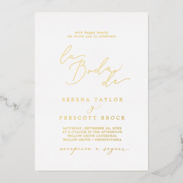 Delicate Gold Foil Calligraphy La Boda De Wedding Invitation (Front)