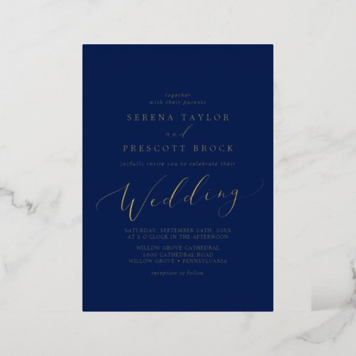 Delicate Gold Foil Calligraphy  Navy Blue Wedding Foil Invitation