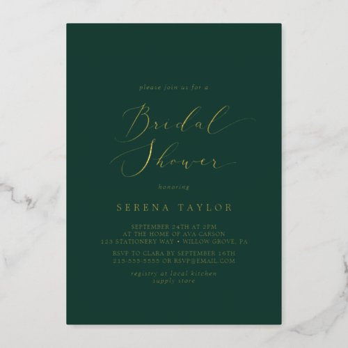 Delicate Gold Foil  Emerald Green Bridal Shower Foil Invitation