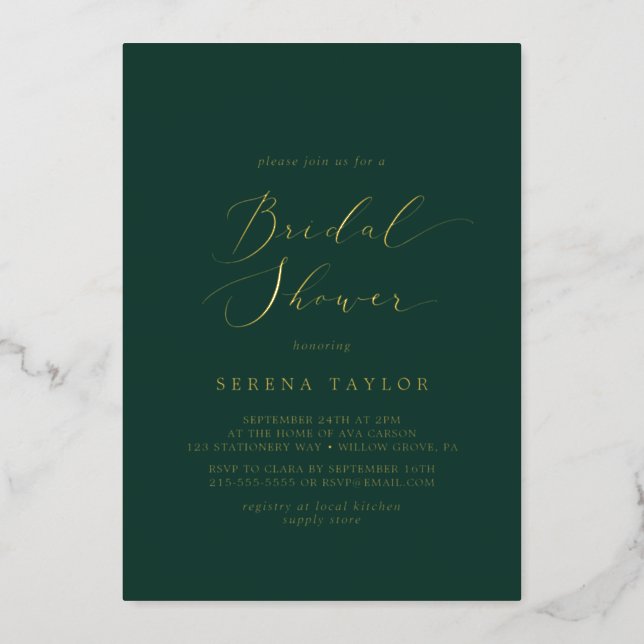 Delicate Gold Foil | Emerald Green Bridal Shower Foil Invitation (Front)