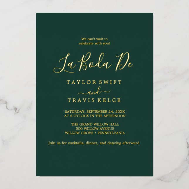 Delicate Gold Foil | Emerald La Boda De Wedding Foil Invitation (Front)