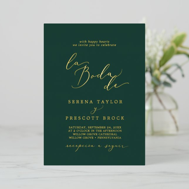 Delicate Gold Foil | Emerald La Boda De Wedding Foil Invitation (Standing Front)