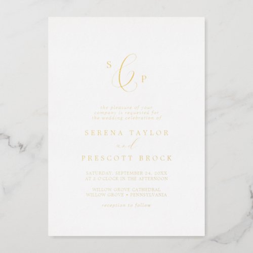 Delicate Gold Foil Formal Monogram Wedding  Foil Invitation