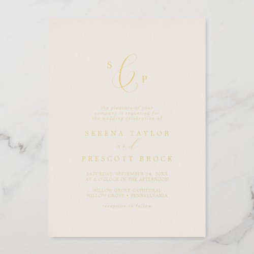 Delicate Gold Foil  Ivory Formal Monogram Wedding Foil Invitation