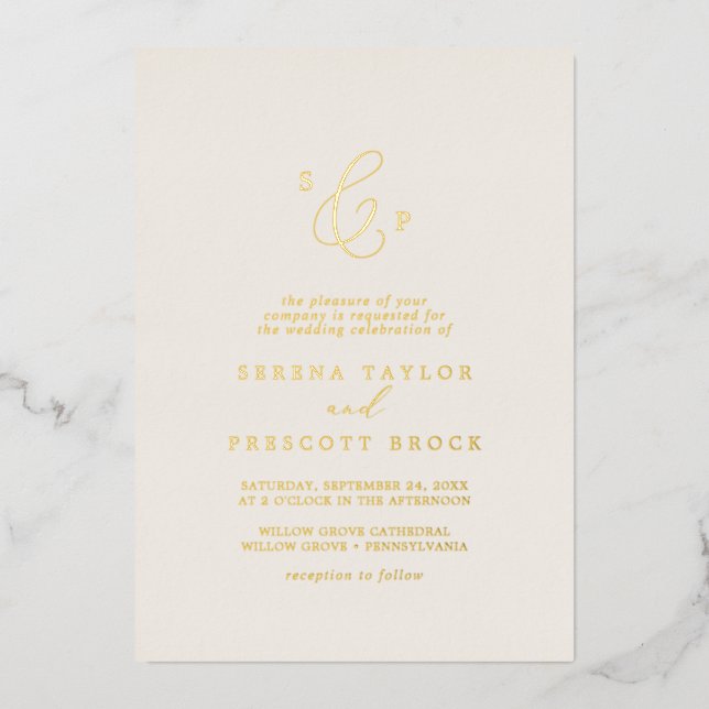 Delicate Gold Foil | Ivory Formal Monogram Wedding Foil Invitation (Front)