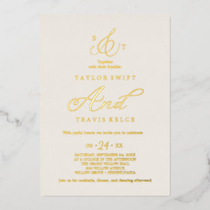 Delicate Gold Foil Ivory Formal Monogram Wedding Invitation