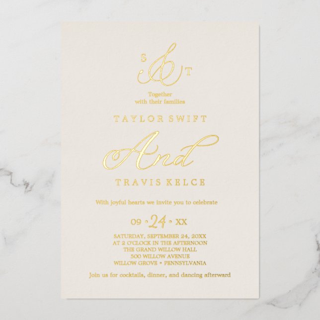 Delicate Gold Foil | Ivory Formal Monogram Wedding Invitation (Front)