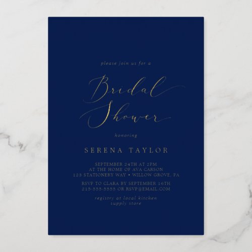 Delicate Gold Foil  Navy Blue Bridal Shower Foil Invitation