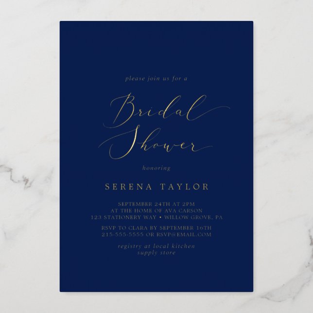 Delicate Gold Foil | Navy Blue Bridal Shower Foil Invitation (Front)