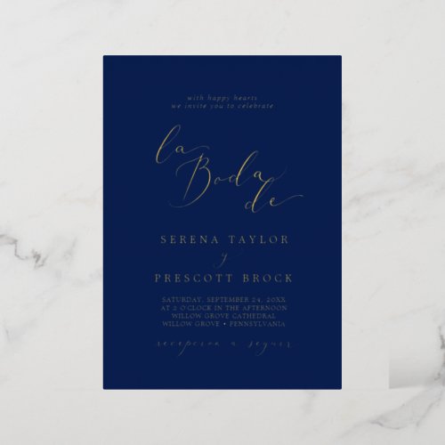 Delicate Gold Foil  Navy Blue La Boda De Wedding Foil Invitation