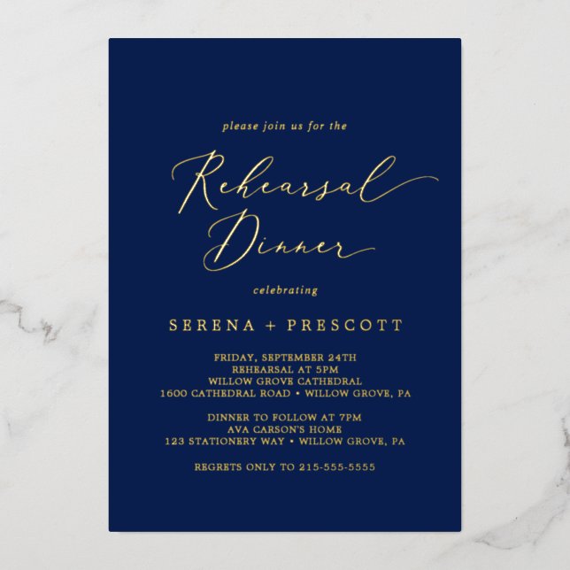 Delicate Gold Foil | Navy Blue Rehearsal Dinner Foil Invitation (Front)
