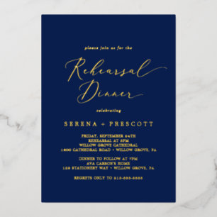 Delicate Gold Foil   Navy Blue Rehearsal Dinner Invitation