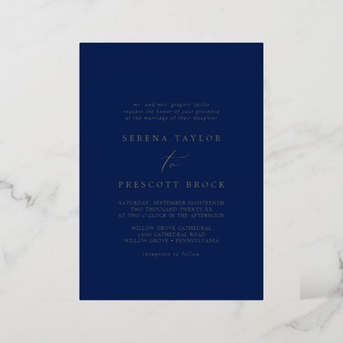 Delicate Gold Foil  Navy Blue Traditional Wedding Foil Invitation