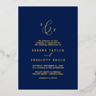 Delicate Gold Foil   Navy Formal Monogram Wedding Invitation