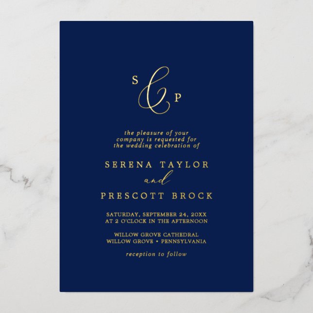Delicate Gold Foil | Navy Formal Monogram Wedding Invitation (Front)