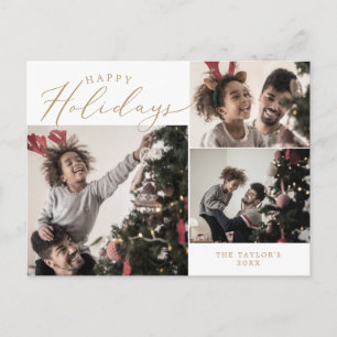 Delicate Gold Happy Holidays 3 Photo Newsletter Holiday Postcard