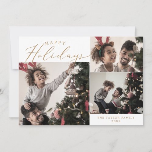 Delicate Gold Happy Holidays 4 Photo Newsletter Holiday Card