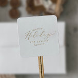 Delicate Gold Happy Holidays Holiday Gift Square Sticker<br><div class="desc">These delicate gold happy holidays holiday gift stickers are perfect for a modern holiday present or holiday card. The romantic minimalist design features lovely and elegant champagne golden yellow typography on a white background with a clean and simple look. Personalize the stickers with your name.</div>