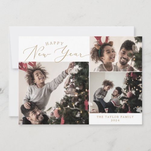 Delicate Gold Happy New Year 4 Photo Family Holiday Card