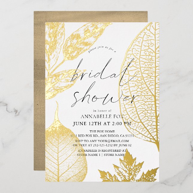 Delicate Gold Leaves Bridal Shower Foil Invitation (Front/Back)