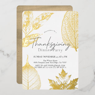 Delicate Gold Leaves Thanksgiving Dinner Foil Invitation