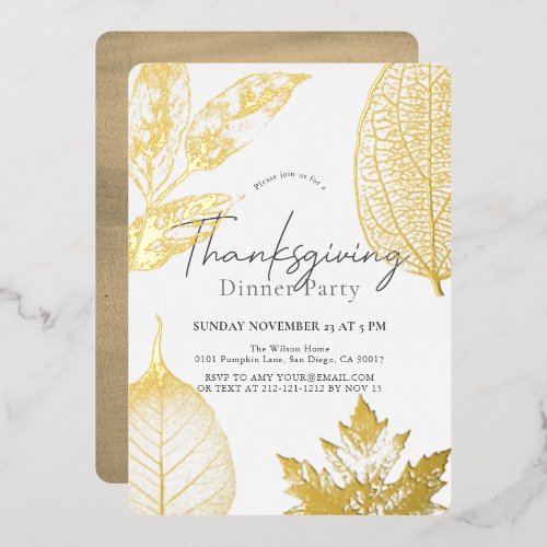Delicate Gold Leaves Thanksgiving Dinner Foil Invitation