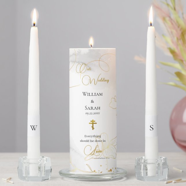 Delicate Gold Line Flowers Orthodox Wedding Unity Candle Set (In Situ)
