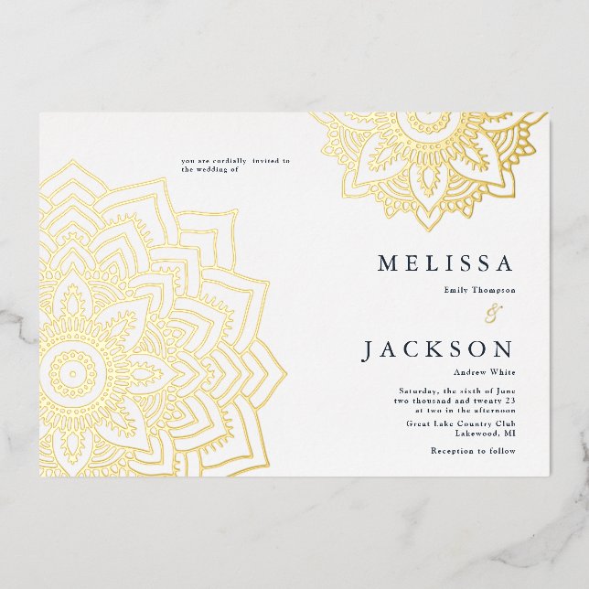 Delicate gold mandala Wedding Foil Invitation (Front)
