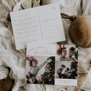 Delicate Gold Merry Christmas 3 Photo Newsletter Holiday Postcard