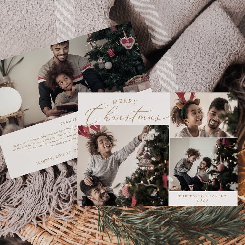 Delicate Gold Merry Christmas 4 Photo Family Holiday Card