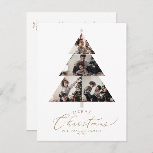 Delicate Gold Merry Christmas Tree 4 Photo Family Holiday Postcard
