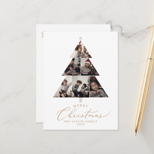 Delicate Gold Merry Christmas Tree 6 Photo Family Holiday Postcard