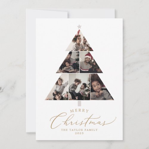 Delicate Gold Merry Christmas Tree 7 Photo Family Holiday Card