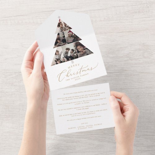 Delicate Gold Merry Christmas Tree Photo Holiday All In One Invitation