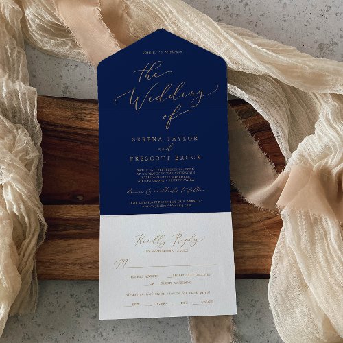 Delicate Gold  Navy Dinner and Cocktails Wedding All In One Invitation