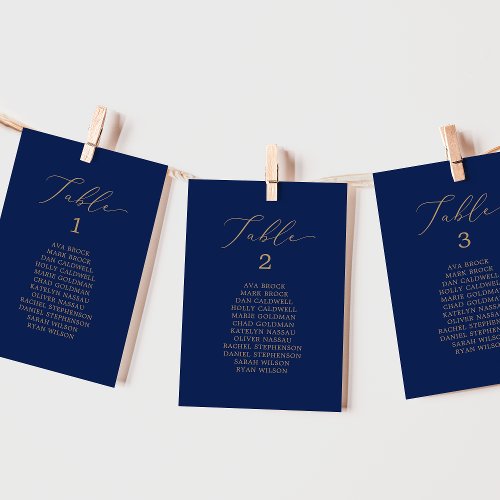 Delicate Gold Navy Table Number Seating Chart Card