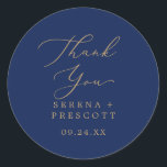 Delicate Gold Navy Thank You Wedding Favor Sticker<br><div class="desc">These delicate gold navy thank you wedding favor stickers are perfect for a modern wedding reception. The romantic minimalist design features lovely and elegant champagne golden yellow typography on a navy blue background with a clean and simple look. Personalize the sticker labels with your names, the event (if applicable), and...</div>