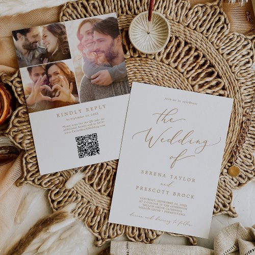 Delicate Gold Photo Collage QR Code Wedding Invitation