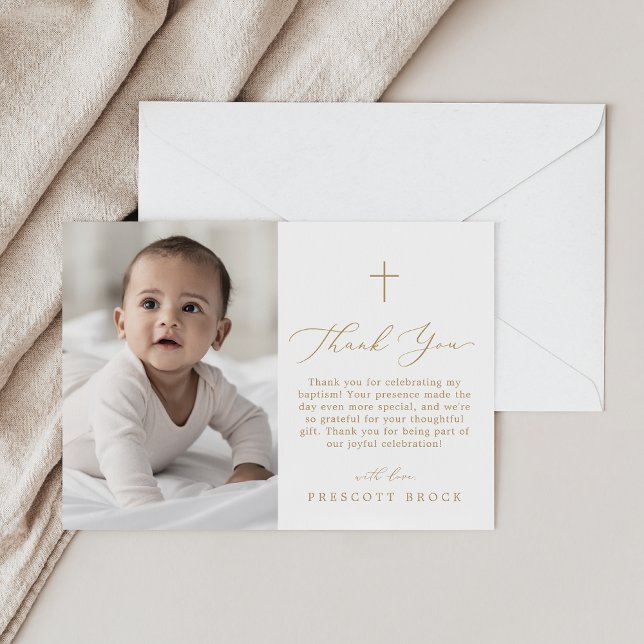 Delicate Gold Photo Minimal Simple Cross Baptism Thank You Card (Delicate Gold Photo Minimal Simple Cross Baptism Thank You Card)