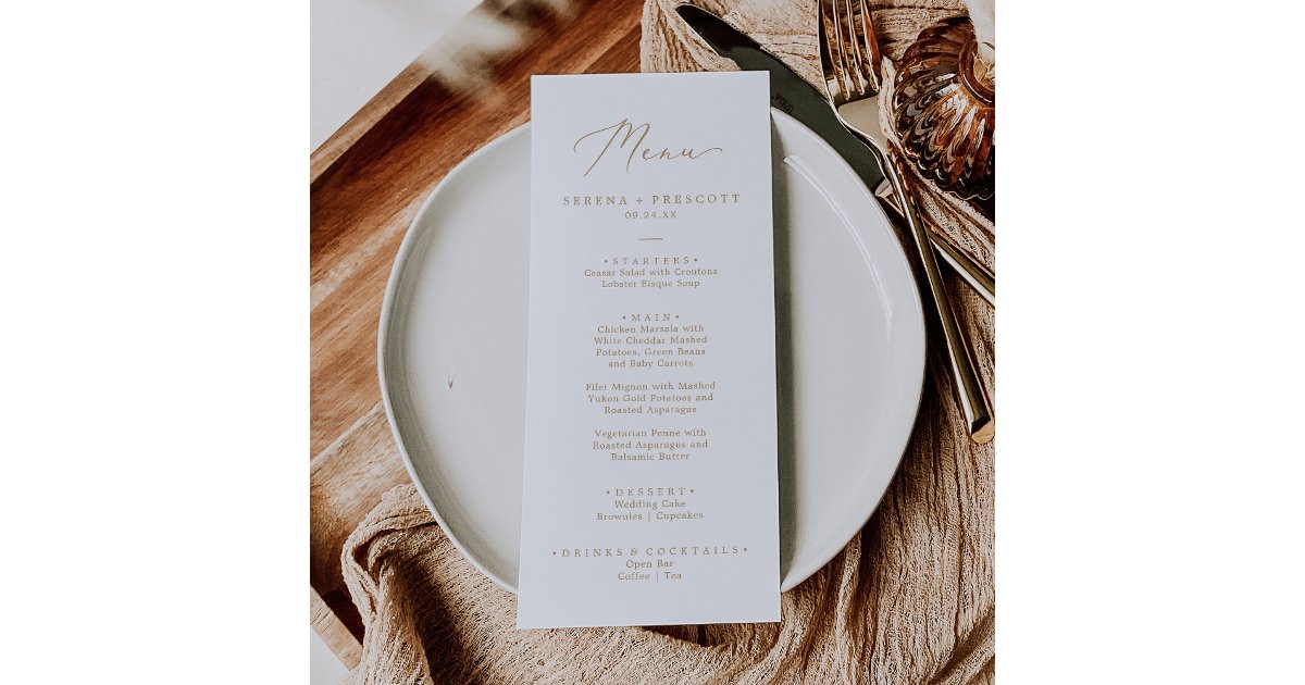Delicate Gold Printed or Printable Menu Card | Zazzle