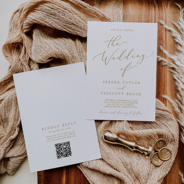 Delicate gold qr code back wedding invitation zazzle