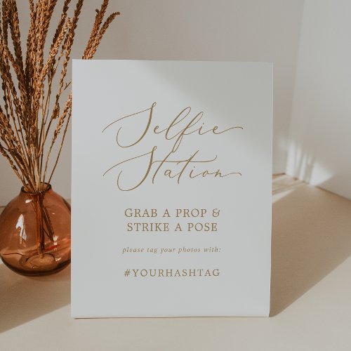 Delicate Gold Selfie Station Wedding Hashtag Pedestal Sign